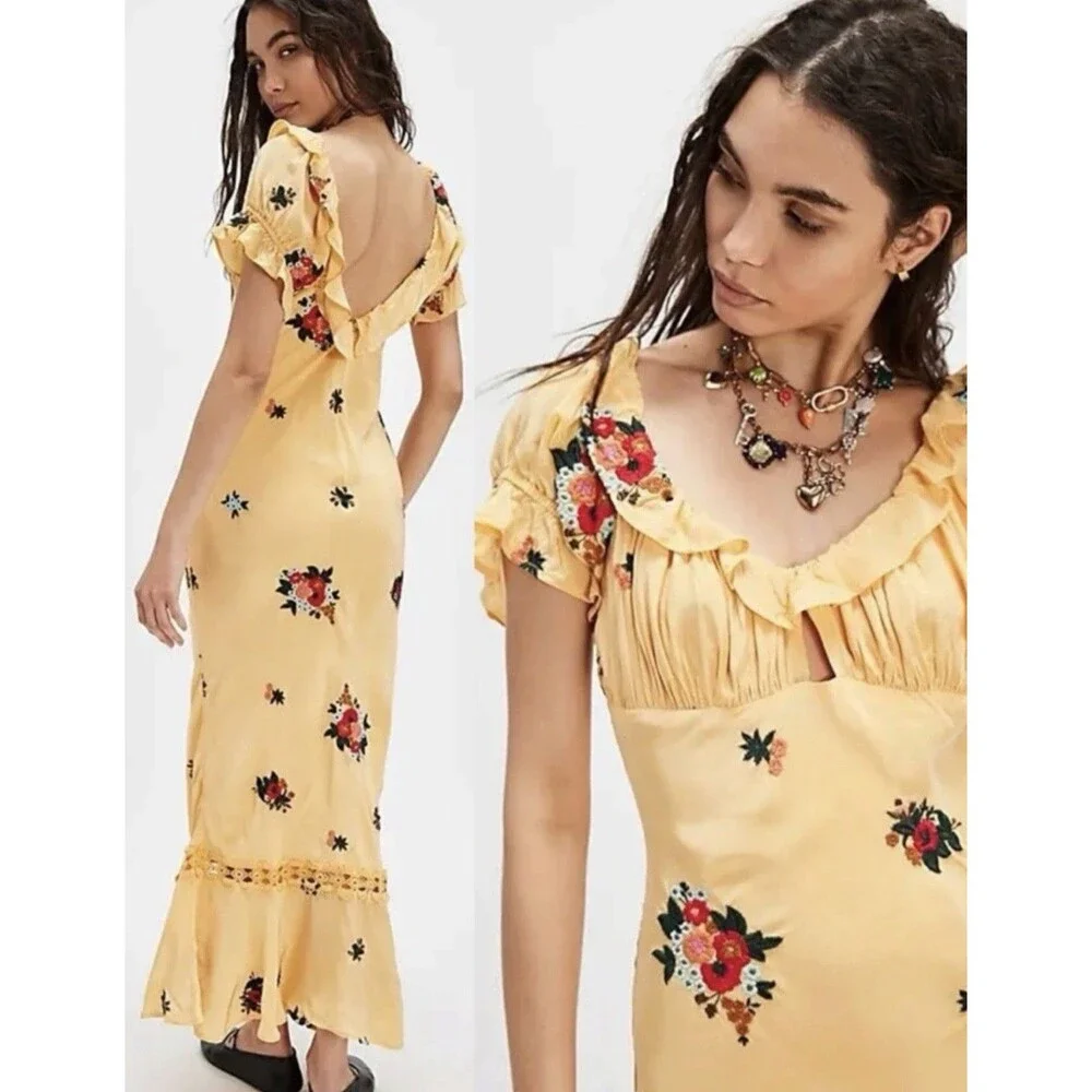 Free People Bali Santa Cruz Ruffle Maxi Dress S Yellow Floral Puff Sleeve Boho